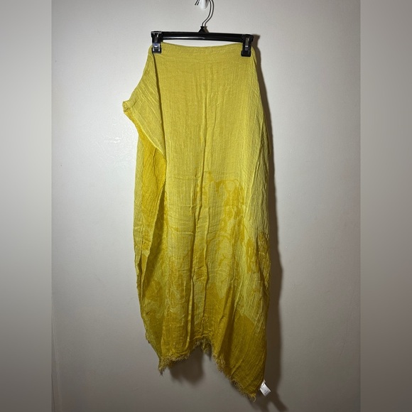 Eileen Fisher Yellow Cotton Modal Root Pattern Fringe Ends Scarf - Picture 1 of 8